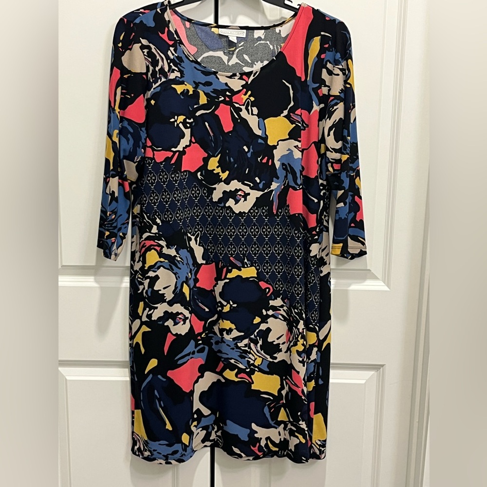Women’s Size XL Abstract Shift Dress 3/4 Sleeve Art To Wear Office Casual Career